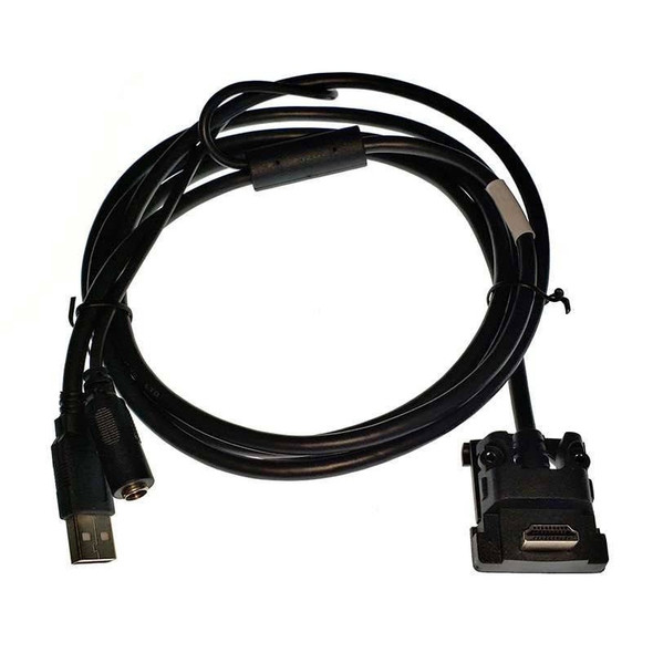 A flat top view of the black Ingenico 296111170AD straight data cable loosely wound in a circular configuration on a white background. The bottom-left section highlights the split USB and auxiliary barrel power leads, while the bottom-right corner clearly presents the proprietary wide rectangular terminal connection block interface.