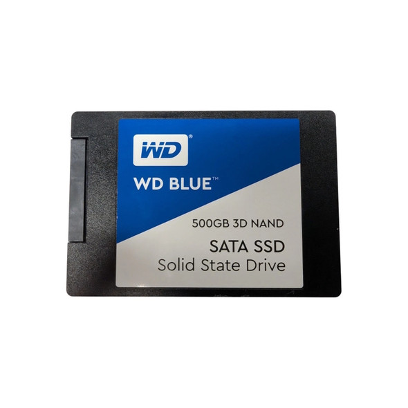 A flat-lay product view of a black 2.5-inch Western Digital internal PC solid-state drive against a plain white background. The device features a prominent diagonal-cut rectangular label, where the upper-left half is a bright blue showcasing the white "WD" box logo and "WD BLUE" text. The lower-right half is a light cream color displaying the technical details "500GB 3D NAND", "SATA SSD", and "Solid State Drive" in clear black text.