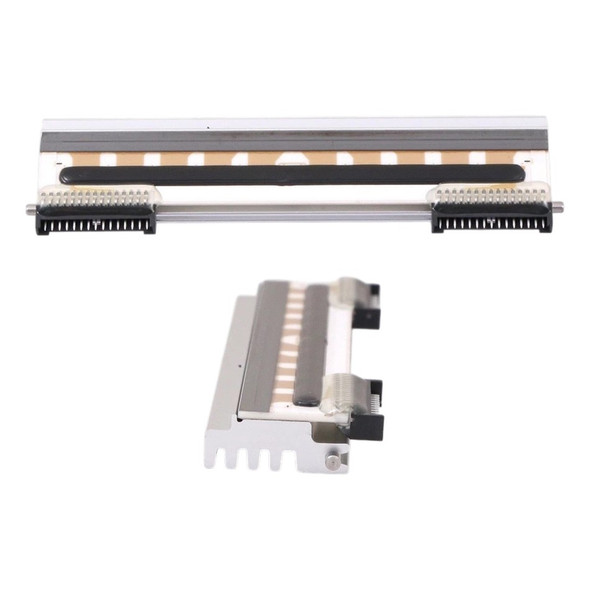 A product layout containing two views of an NCR replacement thermal printhead against a plain white background. The top view displays the wide, flat metallic front face of the ceramic heating array element, featuring layered gold and dark grey conductive strips bordered by twin sets of fine black micro-pins at each bottom corner. The bottom view shows the same component angled on its side, highlighting the silver aluminum heat-sink chassis with cooling fins along its base and a small steel positioning pin protruding from the side profile.
