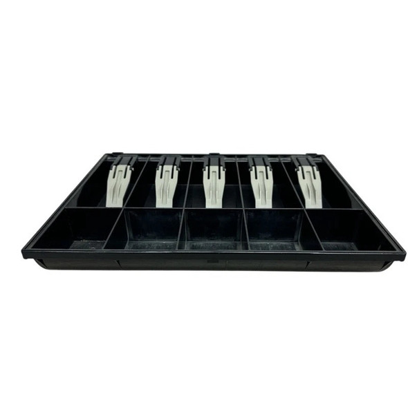 Front angled view of a black plastic IBM Toshiba point-of-sale cash register till insert tray, showcasing a low-profile perspective of the five front coin compartments and five rear bill slots equipped with light grey metal hold-down clips, isolated on a white background.