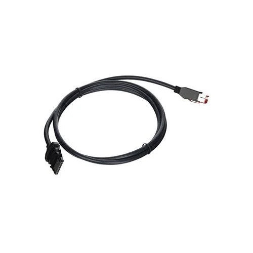 An alternate view of the coiled Epson dark gray POS interface cable, showing the flat black receipt printer connector termination in the lower left and the standard 24V red-keyed PoweredUSB connector end extended out to the right.