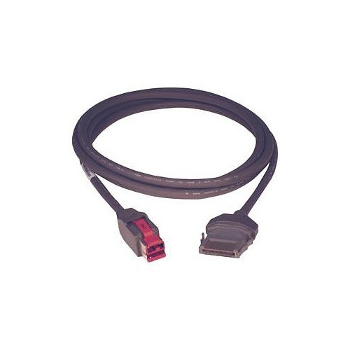 A coiled Epson dark gray PoweredUSB plus power cable, showing the standard 24V PoweredUSB plug with its distinctive red internal interface on the left and a wide, flat proprietary receipt printer connector on the right against a white background.
