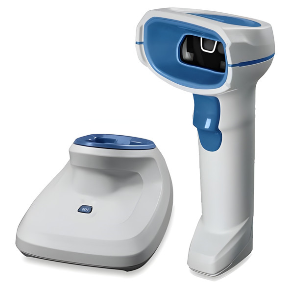 The Zebra DS8178-HC handheld cordless scanner shown standing upright next to its detached presentation charging cradle base against a solid white background. The separate layout provides a clear view of the scanner's open optical scanning window and the matching cradle receptacle.
