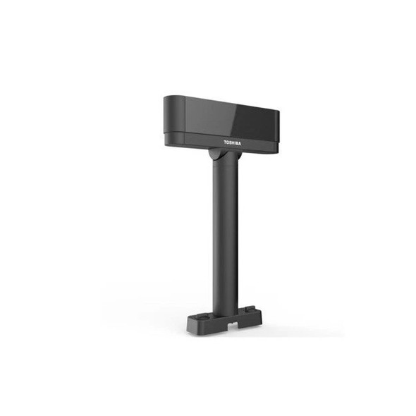 A three-quarter perspective view of the Toshiba single 2x20 customer display assembly rendered in a matte raven black finish against a clean white background. The rectangular screen housing, featuring a white "TOSHIBA" logo printed centrally along the bottom bezel, is mounted to the top of a thick, vertical cylindrical center support pole that anchors into a rectangular mounting bracket at the base.
