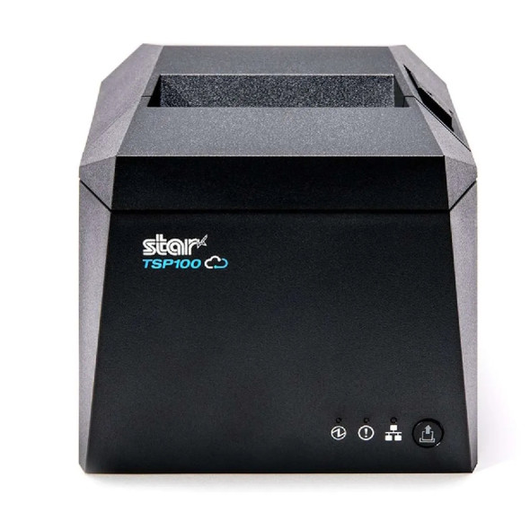 Front view of a dark gray Star TSP100 thermal receipt printer isolated on a white background. The "star TSP100" logo with a blue cloud graphic is printed on the left side of the front panel. Small status indicator icons and a paper feed button are positioned along the bottom right corner.