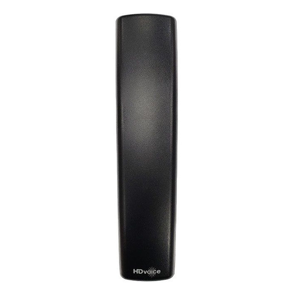 Top-down view of a black Polycom VVX replacement telephone handset featuring the HDvoice logo at the bottom.
