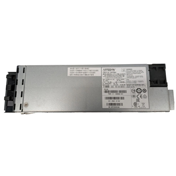 Full length profile view of a silver Cisco PWR-C1-350WAC hot-swappable switch power supply module with data specifications and regulatory labels on its casing.