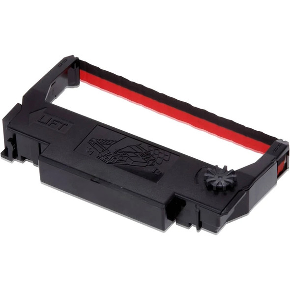 A close-up, angled view of a black plastic Epson ERC-38 B/R ribbon cartridge against a plain white background. The cartridge houses a taut fabric printer ribbon split horizontally into black and red bands. The plastic casing includes molded details such as the word "LIFT" with an arrow, a diagram showing installation orientation, and a circular turning knob on the right side.