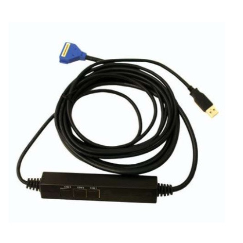 A product overview of the Verifone 23741-02-R data interface assembly, neatly looped on a solid white backdrop. The black cable splits at its ends into a gold-pinned blue BERG terminal connector and a standard male USB Type-A plug. An elongated black plastic breakout module with three labeled COM ports sits inline along the cable base.