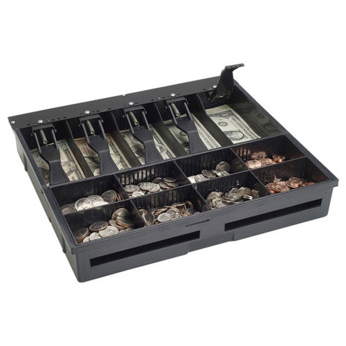 An angled, top-down view of the black plastic MMF Val-U Line 5-Bill / 8-Coin Cash Drawer Replacement Tray - 225-1504-04 insert filled with US currency. The rear section features five individual bill compartments equipped with spring-loaded plastic hold-down weights, holding twenty, ten, five, and one-dollar bills, with the final rightmost clip raised. The front section contains an adjustable, removable coin tray insert holding various denominations of loose coins across eight separate rounded compartments. The front facade of the tray reveals two horizontal slot openings for media or slip storage underneath.