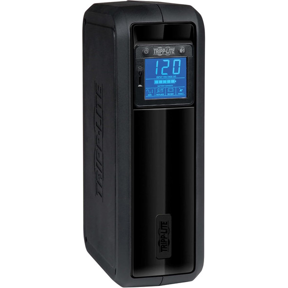 An angled front-and-side perspective of the black matte tower chassis standing upright in tripp-lite-omnismart-900va-475w-line-interactive-ups-system-with-lcd-omni900lcd-vertical.jpg. The left side profile shows a clean, molded structural shell with a subtly debossed Tripp Lite logo running vertically along the edge. The vertical front face features the glossy black panel insert, culminating at the top with the square, blue-backlit LCD screen showing an active input voltage readout of "120" and comprehensive status indicators, highlighting the unit's slim tower footprint.