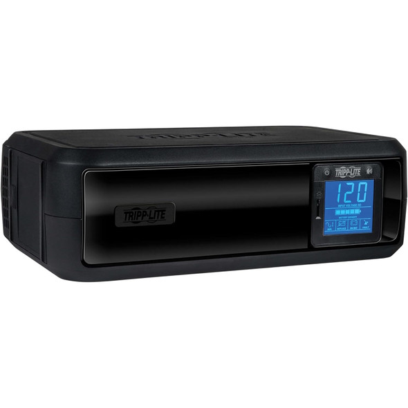A perspective view of the black matte housing positioned horizontally in Tripp Lite OmniSmart 900VA 475W Line-Interactive UPS System. The front face features a glossy, reflective black inlay panel with a recessed Tripp Lite logo badge positioned near the left-center. On the far right of the front panel, an integrated square LCD diagnostic screen glows with a bright blue backlight, clearly displaying a digital readout of "120" under the input voltage indicator, alongside status icons for battery capacity, AVR, battery replacement, on-battery mode, and system fault.