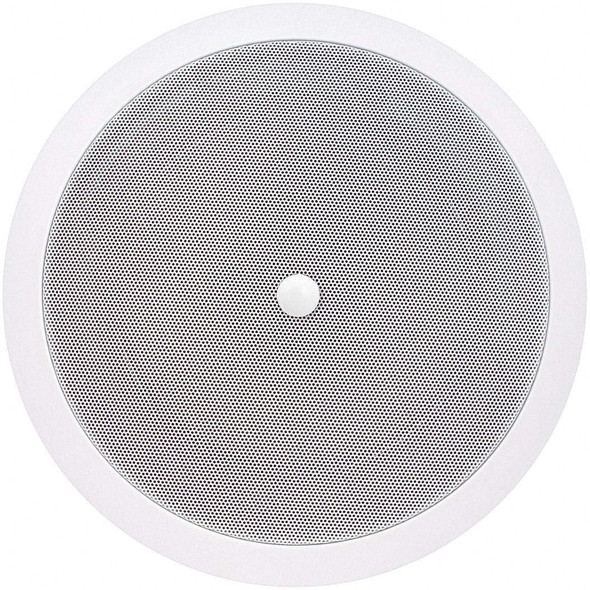 A top-down product view of a circular, off-white Speco Technologies commercial in-ceiling speaker against a plain white background. The speaker features a clean, uniform steel mesh grille surrounded by a matching outer plastic baffle frame. A small, smooth white volume control knob is centered directly in the middle of the grille faceplate.