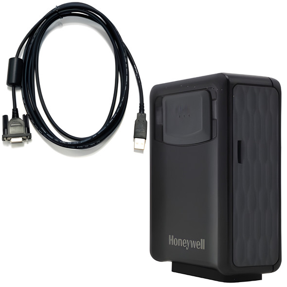 Black Honeywell Vuquest 3320g compact area-imaging scanner shown alongside a looped USB interface connection cable.
