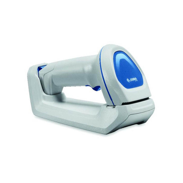 Zebra DS8178-HC medical barcode scanner resting horizontally docked inside its presentation charging cradle, showing the medical-grade white plastic housing and prominent blue end cap with the Zebra logo.