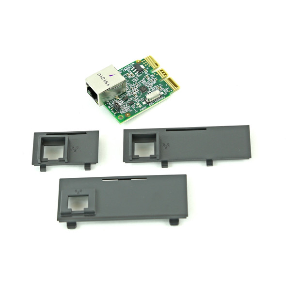 An overhead view showing the Zebra P1080383-442 internal network interface circuit board positioned above three interchangeable gray plastic printer chassis backplates, each featuring pre-cut openings for the network port.