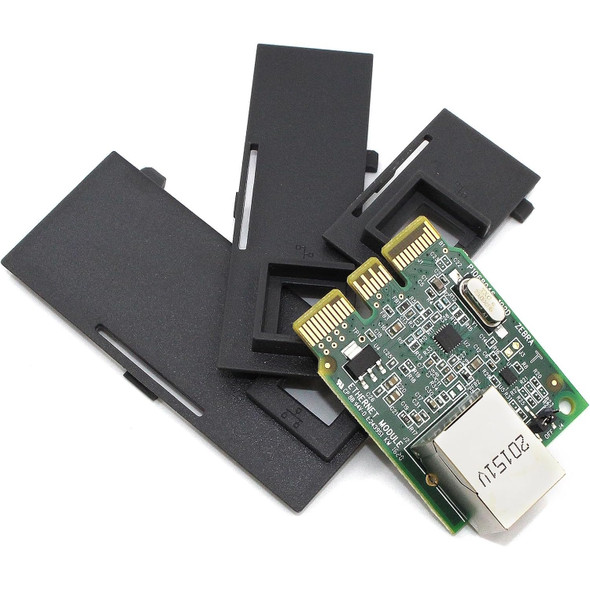 A close-up view of the Zebra P1080383-442 kit contents, featuring the green internal Ethernet module PCBA board with its RJ-45 port and gold edge connectors resting on top of three black plastic modular interface faceplates against a white background.