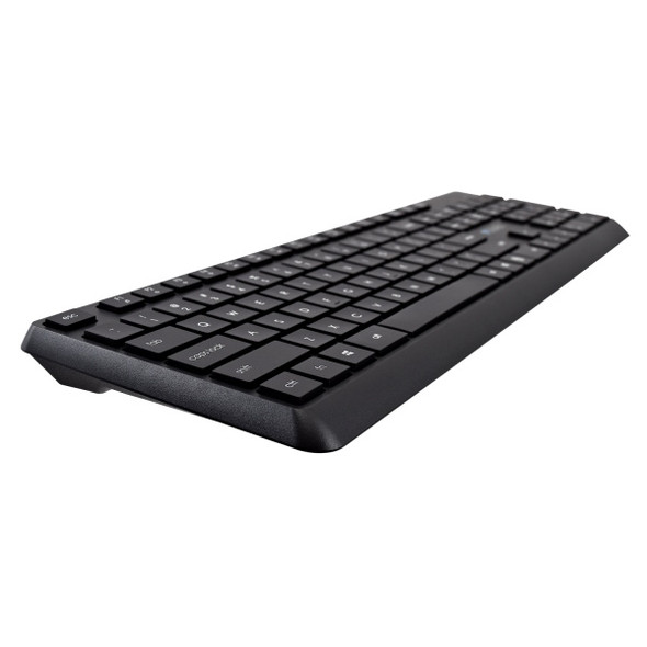 A low-angle, side-profile view of the black wireless keyboard against a white background, highlighting its slim design, tapered ergonomic tilt, and low-profile keys.