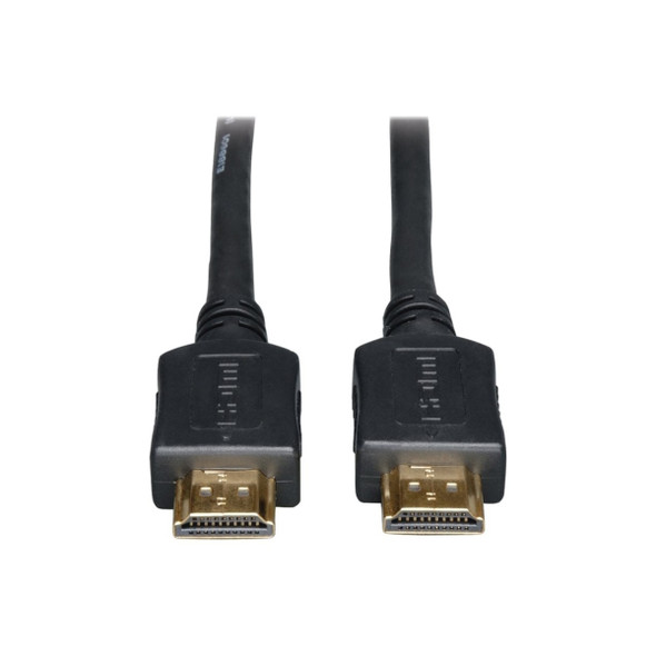 A close-up view of the two gold-plated male HDMI connectors side-by-side, highlighting the textured over-molded black plastic boots, embossed HDMI logo, and integrated strain relief.