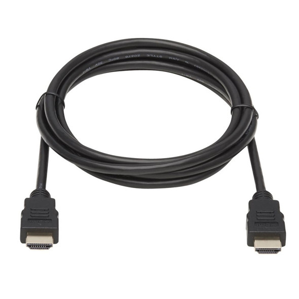 A 10-foot black Tripp Lite High Speed HDMI cable cleanly coiled into a circle, showing both molded male HDMI Type-A connectors at the bottom facing forward on a solid white background.