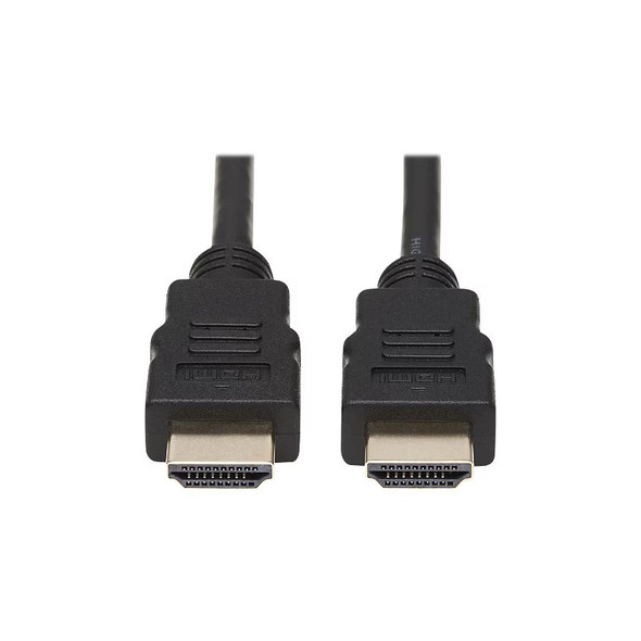 Close-up view of the two gold-plated male HDMI Type-A connector tips on the tripp-lite-6ft-high-speed-hdmi-cable-p568-006.jpg, showcasing the molded black plastic terminal housings, embossed HDMI logo branding, and integrated flexible strain relief boots against a crisp white background.