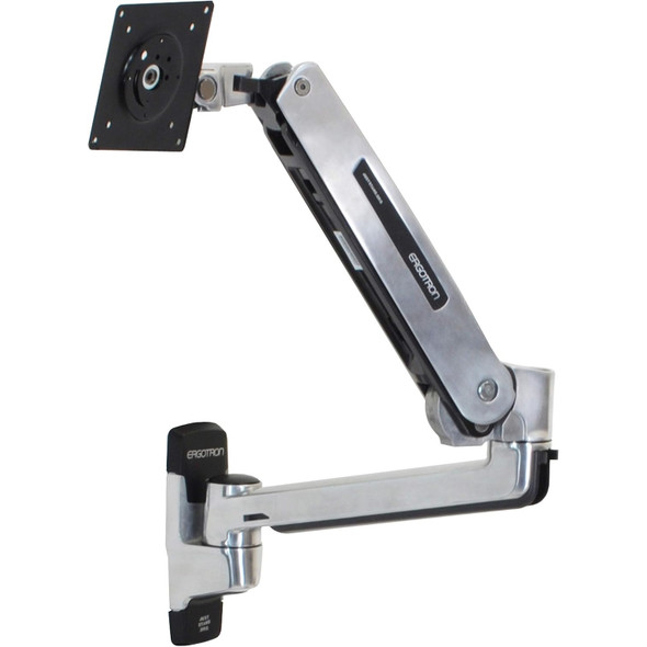 Isolated view of the Ergotron LX Sit-Stand Wall Mount Monitor Arm - Polished Aluminum - Up to 42" - 45-353-026 without a display, showing the polished aluminum articulated arm structure angled upward from its compact wall mounting bracket and terminating in a black square VESA mounting plate.