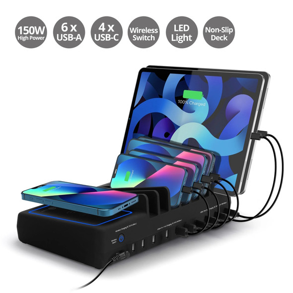 Studio shot of the populated black charging base on SIIG 10-Port USB-A/C Wireless Charging Station (AC-PW1R11-S1) with devices charging and short custom cables neatly routed along the side. Six circular feature icons line the top margin, highlighting "150W High Power", "6 x USB-A", "4 x USB-C", "Wireless Switch", "LED Light", and "Non-Slip Deck".