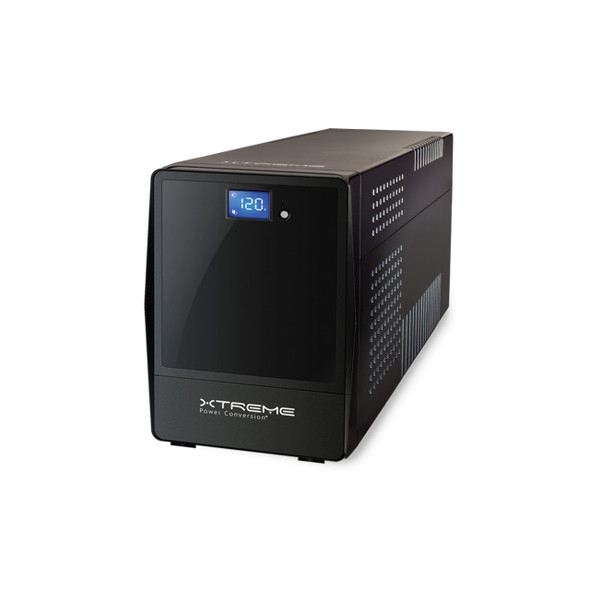 Three-quarter angled view of the compact black tower housing of the Xtreme Power Conversion Line-Interactive UPS - S71-700, showing the illuminated blue status screen on the front face panel and rowed ventilation slots running along the elongated side chassis.