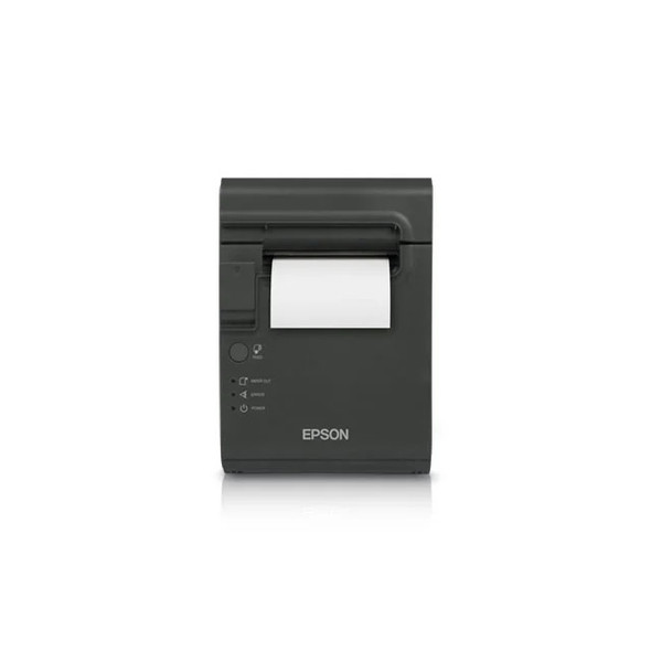 Direct straight-on front view of a dark gray Epson TM-L90 thermal receipt and label printer with a blank white media roll feeding out of the slot. Shows the feed button, paper out, error, and power LED status lights on the bottom left.