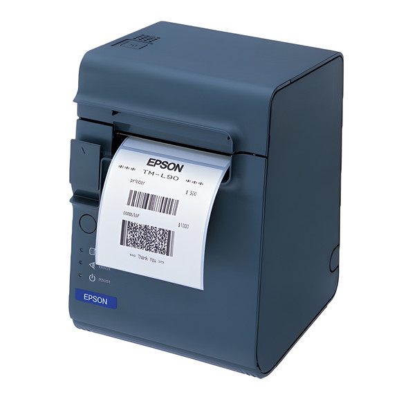 Three-quarter angled front view of a dark gray Epson TM-L90 thermal label and receipt printer dispensing a white barcode order ticket. Features an official blue and white Epson logo on the lower left alongside operational LED indicator status lights.