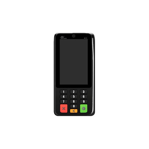 Front straight-on view of a black PAX A35 smart retail PIN pad terminal with a blank screen, numeric keypad, red cancel button, yellow clear button, and green enter button on a solid white background.