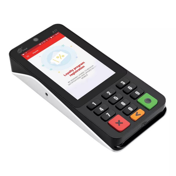Angled side profile view of a PAX A35 smart Android retail PIN pad showing its sleek black and white ergonomic casing, physical backlit keypad, and a bright color display featuring a loyalty program registration screen.