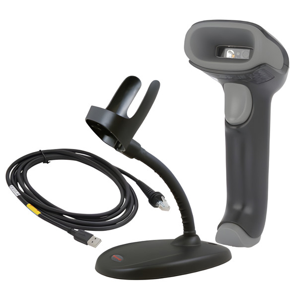 A complete Honeywell Voyager XP 1470g barcode scanner kit showcasing a black and gray handheld scanner standing vertically next to an adjustable black flexible gooseneck desktop presentation stand and a coiled black USB host interface cable on a white background.