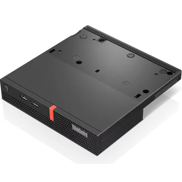 A high-angle product shot showing the top and front face of the matte black Lenovo TIO Cube mounting bracket. The front panel features a mesh ventilation pattern, a distinctive red vertical accent stripe, dual front ports, and the "ThinkCentre" logo, while the flat top surface displays specific alignment slots and circular mounting points.