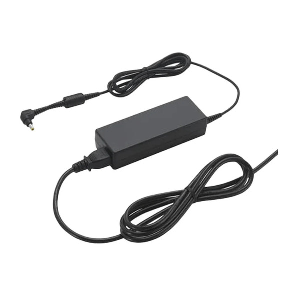 A full top-down overview of the Panasonic Toughbook AC power adapter system, displaying the central rectangular matte black power supply brick with its integrated DC power cable terminating in a right-angle barrel connector tip at the top left, and a matching black 3-prong AC wall outlet power cord plugged into its base and neatly looped at the bottom right.