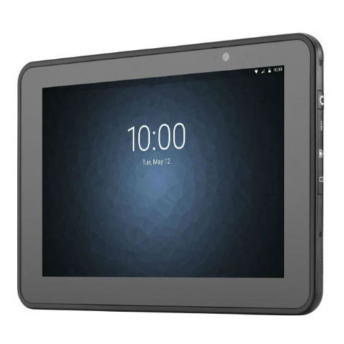 Side-angled front view of the Zebra ET51 rugged enterprise tablet showcasing its thick black protective bezel, front-facing camera, and right-side hardware ports, featuring a dark blue textured lock screen background with a 10:00 time display.