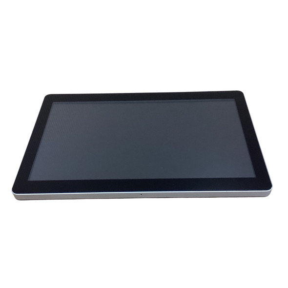 Front angled perspective of the Elo I-Series 3.0 widescreen touch computer panel resting flat, showcasing its clean edge-to-edge glass display with a thick black outer bezel and a slim metallic silver perimeter trim.