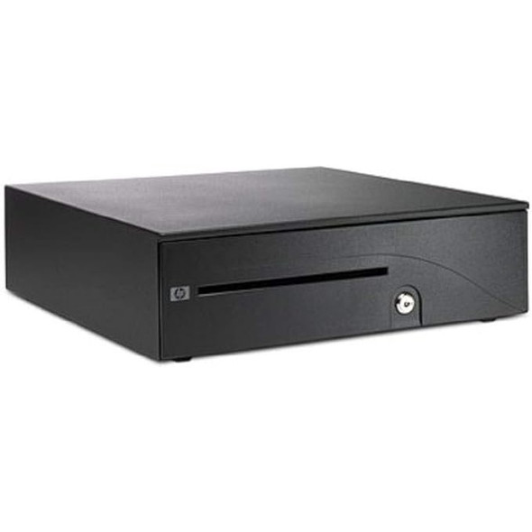 Three-quarter isometric view of the closed HP heavy-duty retail cash drawer, showcasing its solid steel cubic outer chassis structure, protective black textured powder coat finish, front media slip entry slot, and lower right security key lock.