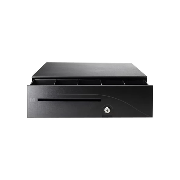 Straight-on front view of the matte black HP heavy-duty cash drawer slightly pulled open, revealing the top edges of the internal plastic currency bill compartments, and highlighting the front face interface containing a wide media slot, a legacy silver keyhole lock, and an embossed HP logo on the left.