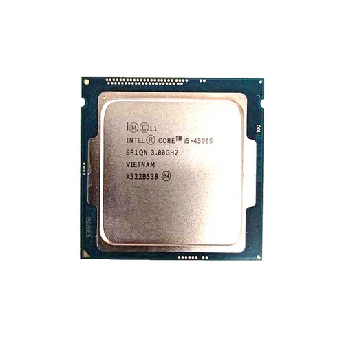 Direct overhead shot of the front side of the Intel Core i5-4590S desktop processor, highlighting the silver metallic integrated heat spreader (IHS) laser-etched with the Intel logo, model number i5-4590S, sSpec code SR1QN 3.00GHZ, country of origin Vietnam, and serial batch markings.