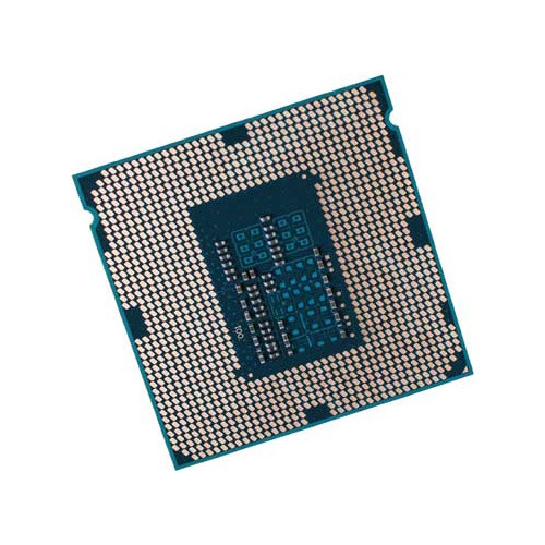 Underside view of an Intel LGA 1150 processor showing the dense grid arrangement of gold-plated land contact pads on a dark green substrate, surrounding a central rectangular section filled with surface-mounted electronic capacitors and resistors.