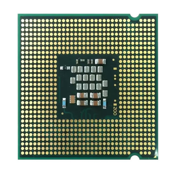 Close-up underside view of an Intel LGA 1150 processor showing a symmetrical grid pattern of gold-plated land contact pads on a green substrate, framing a dark central rectangle arranged with small surface-mounted electronic capacitors and resistors.