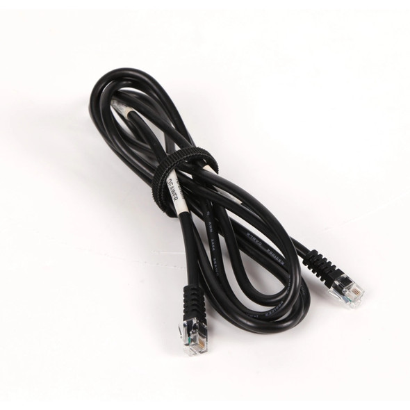 A coiled black NCR 12V cash drawer kick cable bundled neatly in the center with a black hook-and-loop strap, showing modular clear plastic registered jack connectors at both ends on a clean white background.
