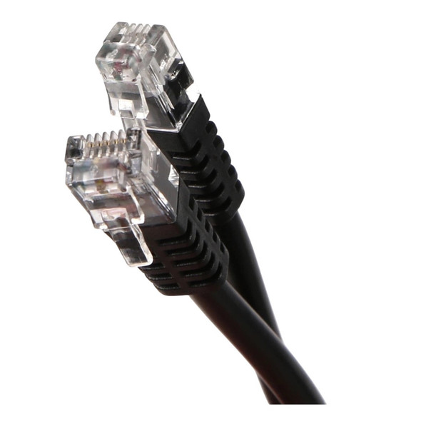Macro view of the two clear plastic RJ12 modular plug connectors with strain-relief boots on the black cash drawer cable.