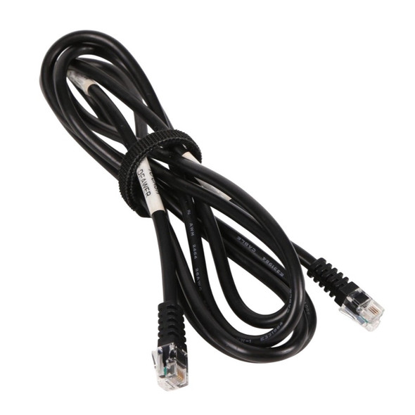 Coiled black NCR cash drawer kick cable secured with a hook-and-loop strap, showing RJ12 modular connectors at both ends.