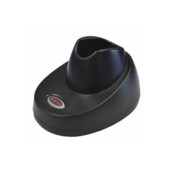 A high-angle perspective view of a black Honeywell Xenon cordless scanner charging and communication base, showcasing the oval plastic housing, a raised vertical docking cradle, and a small front-facing button with the red Honeywell logo.