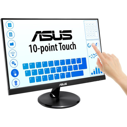 Angled three-quarter front view from the right of the ASUS VT229H touchscreen monitor, highlighting its sleek profile and ergonomic tilt mechanism.