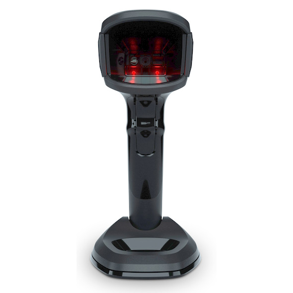 Straight-on front view of a midnight black Zebra DS9908 hybrid presentation barcode scanner seated in its integrated desktop base. The scan window is active, showing illuminated red LED optics inside the hooded reader head.