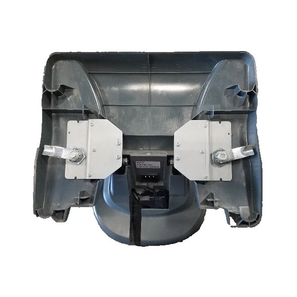 Top-down view of the underside and mounting interface of a dark gray Oracle Micros Workstation 5 / 5A POS terminal stand, showing the dual metal quick-release locking brackets, structural plastic ribbing, and an internal power input module.