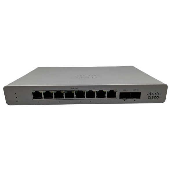 Front straight-on view of a silver Cisco Meraki MS120-8LP network switch, displaying 8 numbered Gigabit Ethernet PoE ports, 2 dedicated SFP uplink ports, status LED indicators, and the dark gray Cisco logo on the right.
